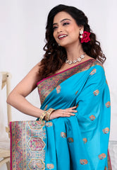 Feroza Blue Kani Silk Saree With Blouse Piece - Adi Akshoy & Co.