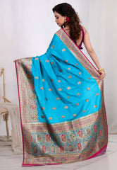 Feroza Blue Kani Silk Saree With Blouse Piece - Adi Akshoy & Co.