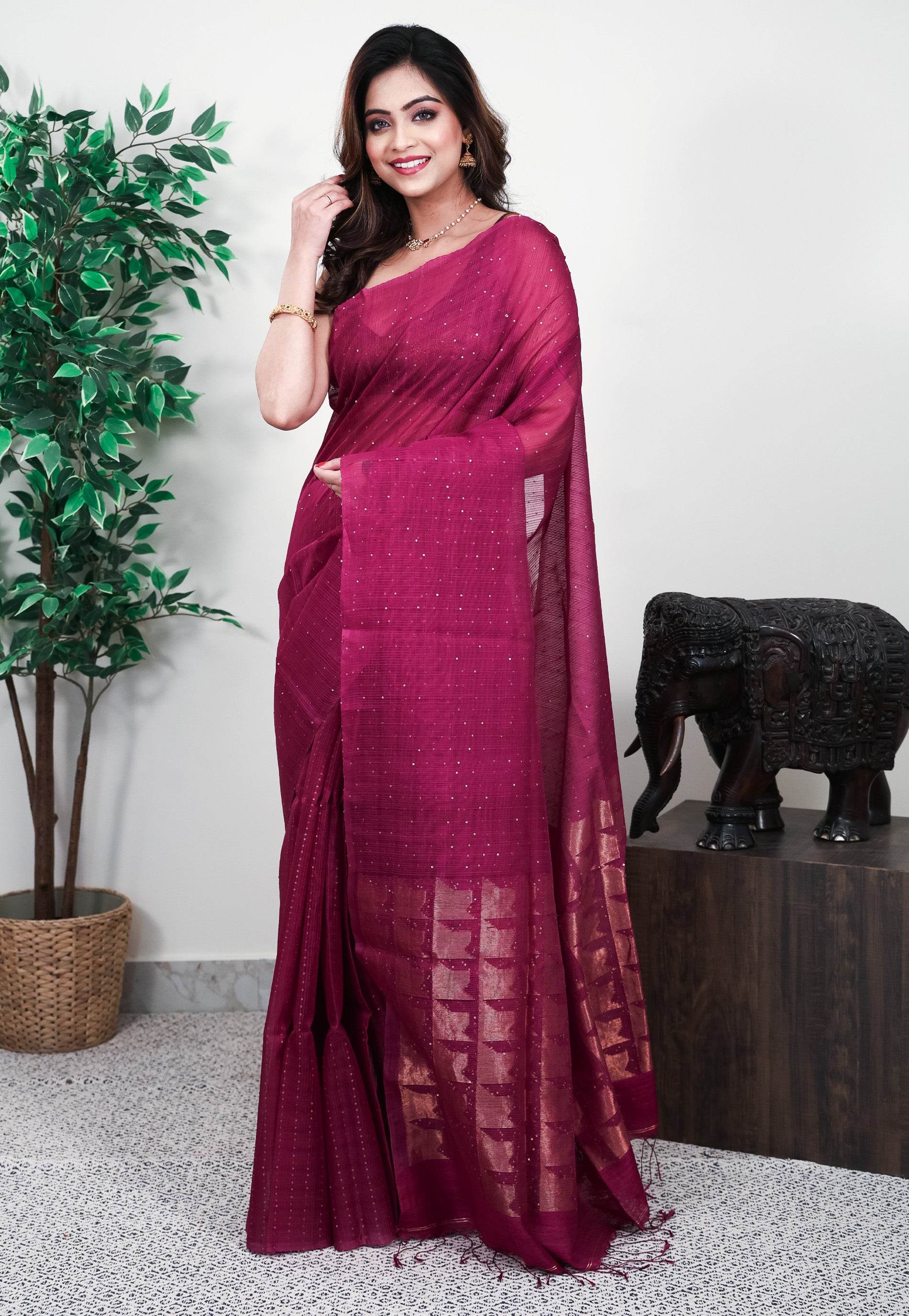 Magenta Kora Handloom Pure Silk Saree With Blouse Piece - Adi Akshoy & Co.