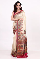 Cream Colour Kani Silk Saree With Blouse Piece - Adi Akshoy & Co.