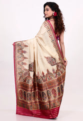 Cream Colour Kani Silk Saree With Blouse Piece - Adi Akshoy & Co.