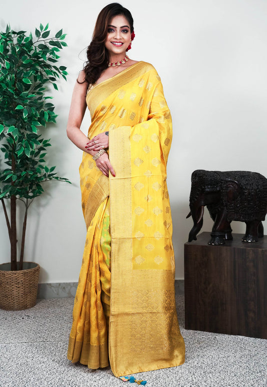 Yellow Mashru Silk Saree with Blouse Piece - Adi Akshoy & Co.