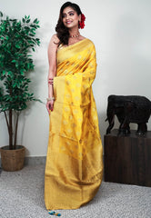 Yellow Mashru Silk Saree with Blouse Piece - Adi Akshoy & Co.