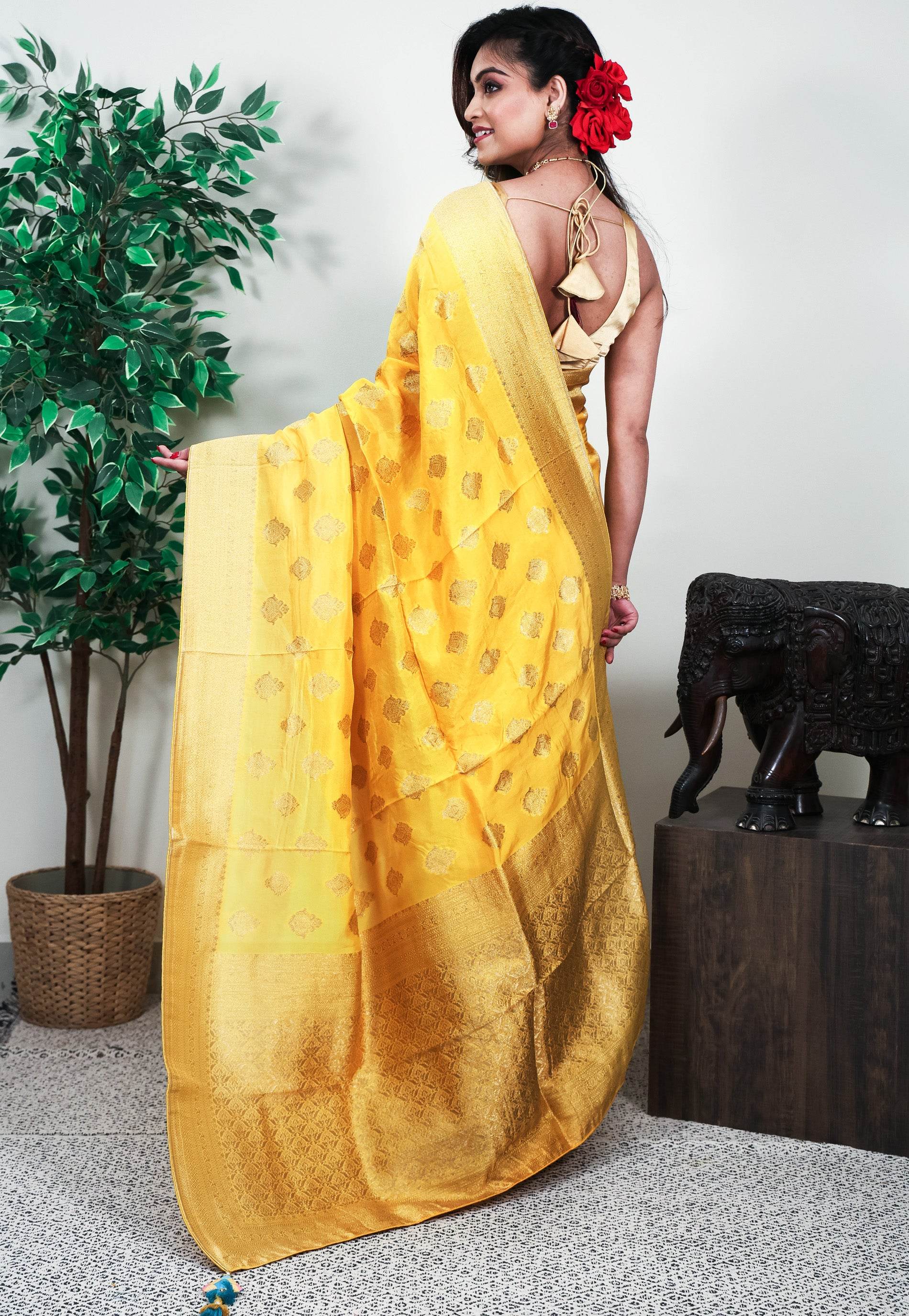 Yellow Mashru Silk Saree with Blouse Piece - Adi Akshoy & Co.