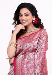 Magenta Shikargah Katan Silk Saree With Blouse Piece - Adi Akshoy & Co.