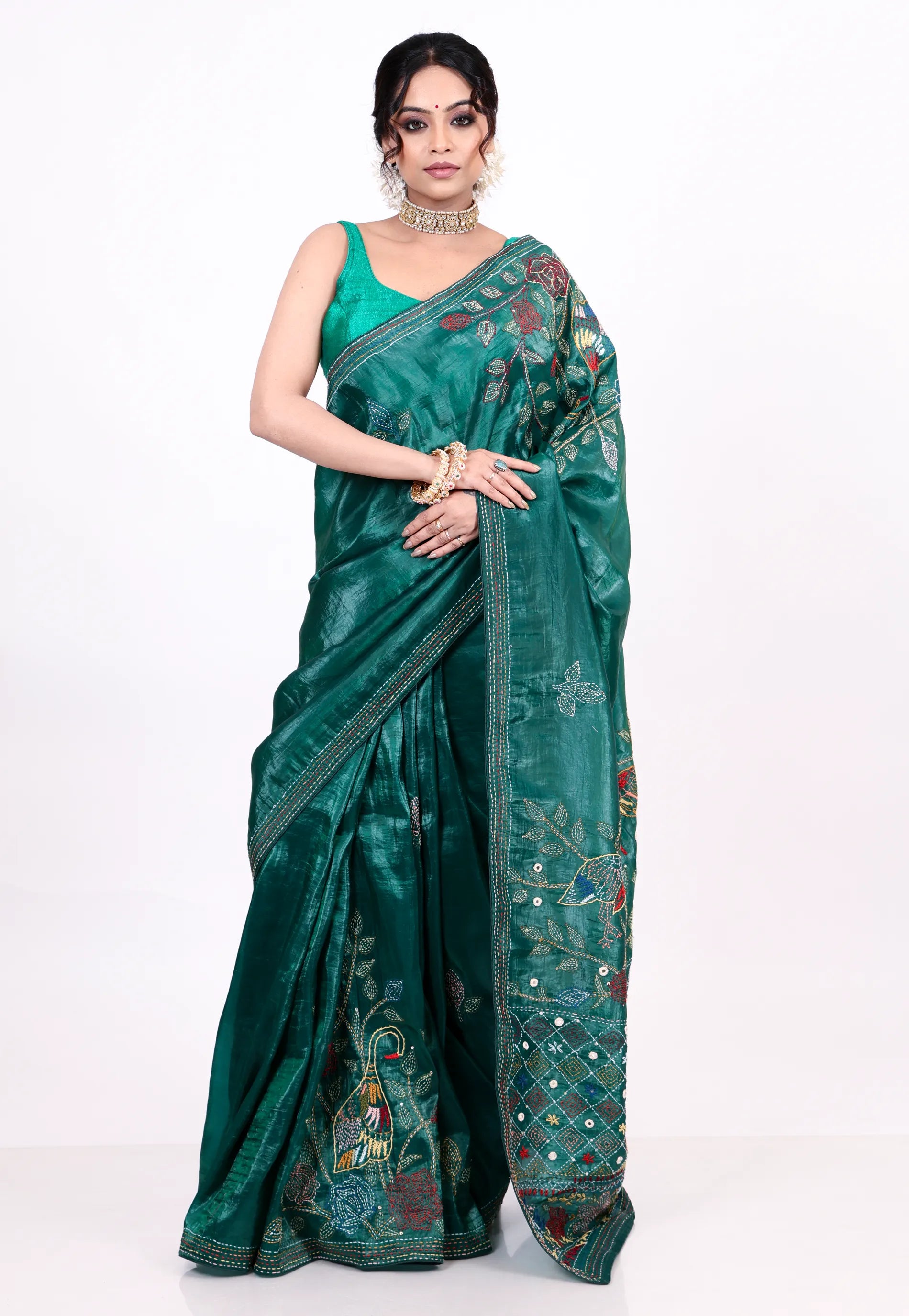 Bottle Green Crush Tissue Kantha Silk Saree With Blouse Piece - Adi Akshoy & co.