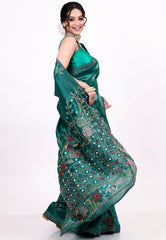 Bottle Green Crush Tissue Kantha Silk Saree With Blouse Piece - Adi Akshoy & co.