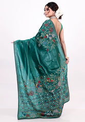 Bottle Green Crush Tissue Kantha Silk Saree With Blouse Piece - Adi Akshoy & co.