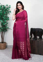 Magenta Kora Handloom Pure Silk Saree With Blouse Piece - Adi Akshoy & Co.