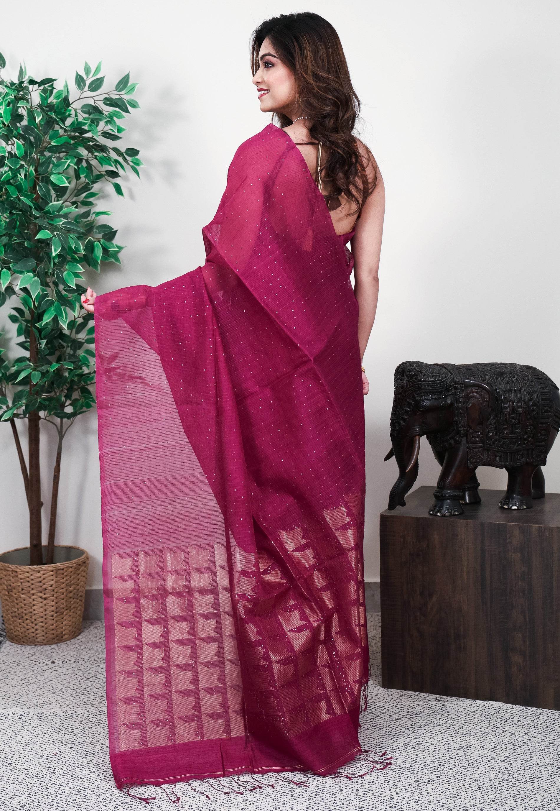 Magenta Kora Handloom Pure Silk Saree With Blouse Piece - Adi Akshoy & Co.