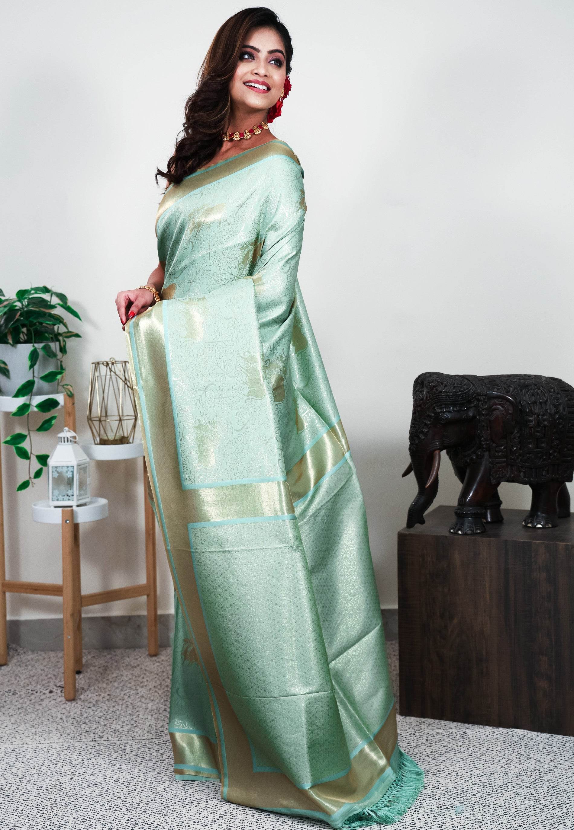 Sea Green Mashru Silk Saree with Blouse Piece - Adi Akshoy & Co.