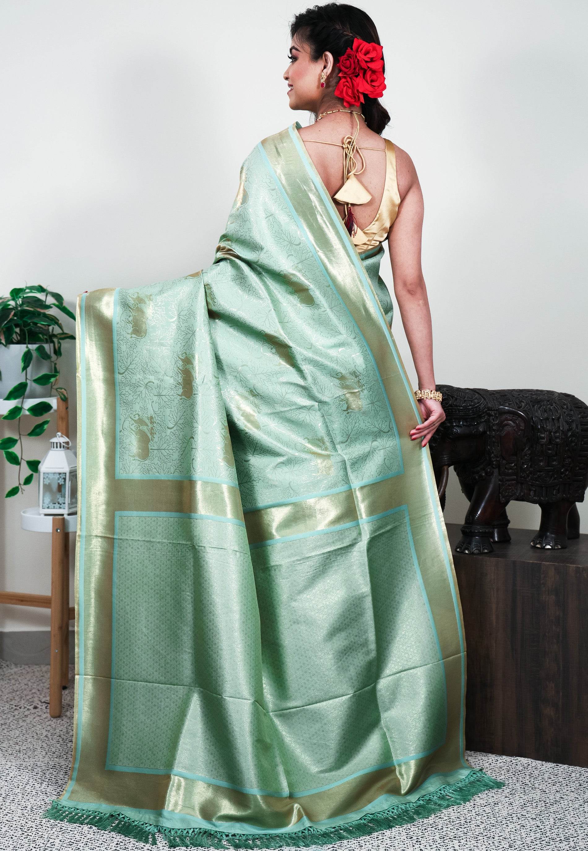 Sea Green Mashru Silk Saree with Blouse Piece - Adi Akshoy & Co.