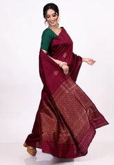 Garnet Pure Tussar Silk Saree with Blouse Piece - Adi Akshoy & Co.