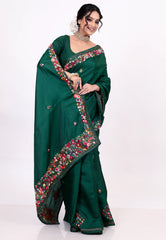 Bottle Green Kantha Silk Saree With Blouse Piece - Adi Akshoy & co.