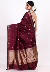 Cross Garnet Pure Katan Silk Saree with Blouse Piece - Adi Akshoy & Co.
