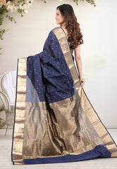 Navy Blue Pure Kanjivaram Silk Saree with Blouse Piece - Adi Akshoy & Co.