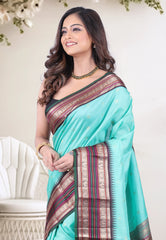 Aqua Blue Pure Kanjivaram Silk Saree with Blouse Piece - Adi Akshoy & Co.