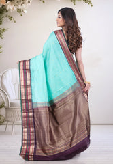 Aqua Blue Pure Kanjivaram Silk Saree with Blouse Piece - Adi Akshoy & Co.