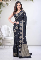 Black Khaddi Georgette Saree with Blouse Piece - Adi Akshoy & Co.