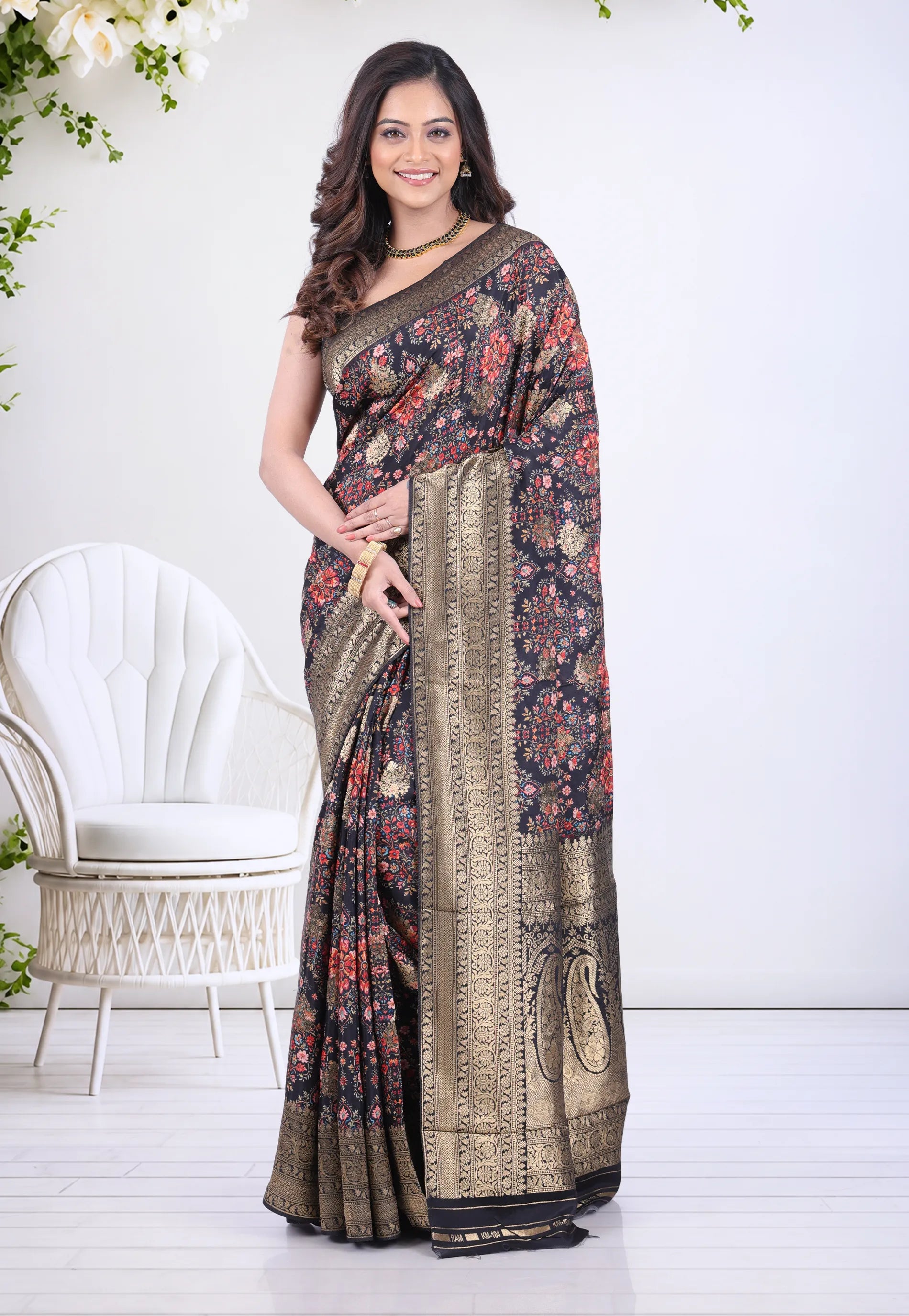 Floral Black Khaddi Georgette Saree with Blouse Piece - Adi Akshoy & Co.