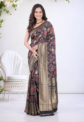 Floral Black Khaddi Georgette Saree with Blouse Piece - Adi Akshoy & Co.