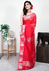 Red Sico Handloom Saree With Blouse Piece - Adi Akshoy & Co.
