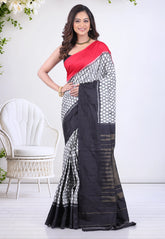 Checks White with Red and Black Border Pure Ikkat Silk Saree With Blouse Piece - Adi Akshoy & Co.