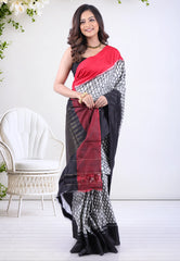 Checks White with Red and Black Border Pure Ikkat Silk Saree With Blouse Piece - Adi Akshoy & Co.