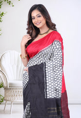 Checks White with Red and Black Border Pure Ikkat Silk Saree With Blouse Piece - Adi Akshoy & Co.