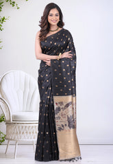 Black Tussar Silk Saree with Blouse Piece - Adi Akshoy & Co.