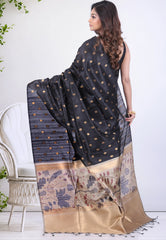 Black Tussar Silk Saree with Blouse Piece - Adi Akshoy & Co.