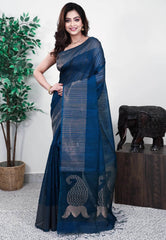 Turquoise Blue Kora Handloom Pure Silk Saree With Blouse Piece - Adi Akshoy & Co.