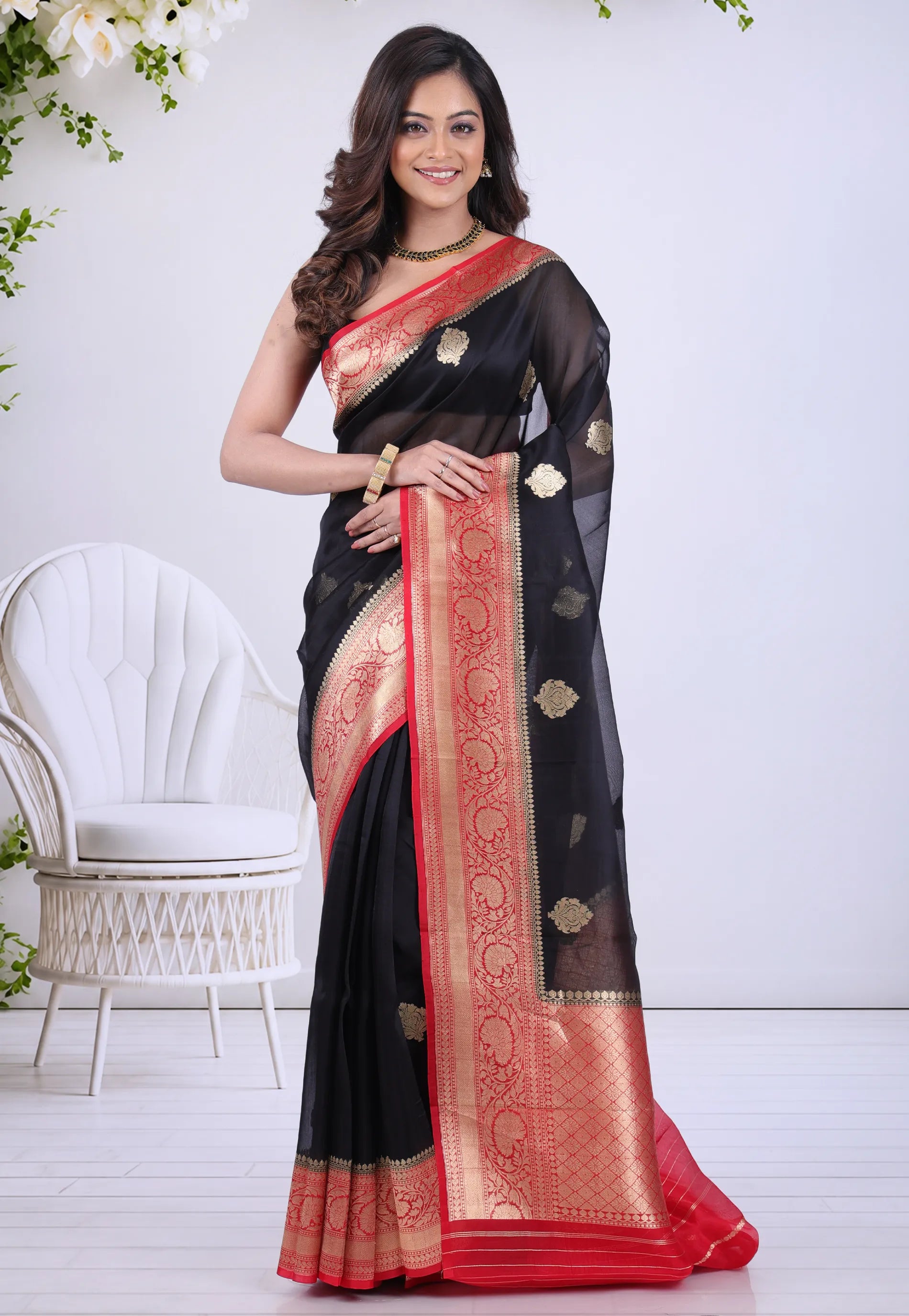 Black Pure Kora Silk Saree with Blouse Piece - Adi Akshoy & Co.