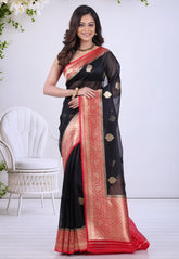 Black Pure Kora Silk Saree with Blouse Piece - Adi Akshoy & Co.