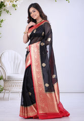 Black Pure Kora Silk Saree with Blouse Piece - Adi Akshoy & Co.
