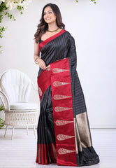 Black Pure Katan Silk Saree with Blouse Piece - Adi Akshoy & Co.