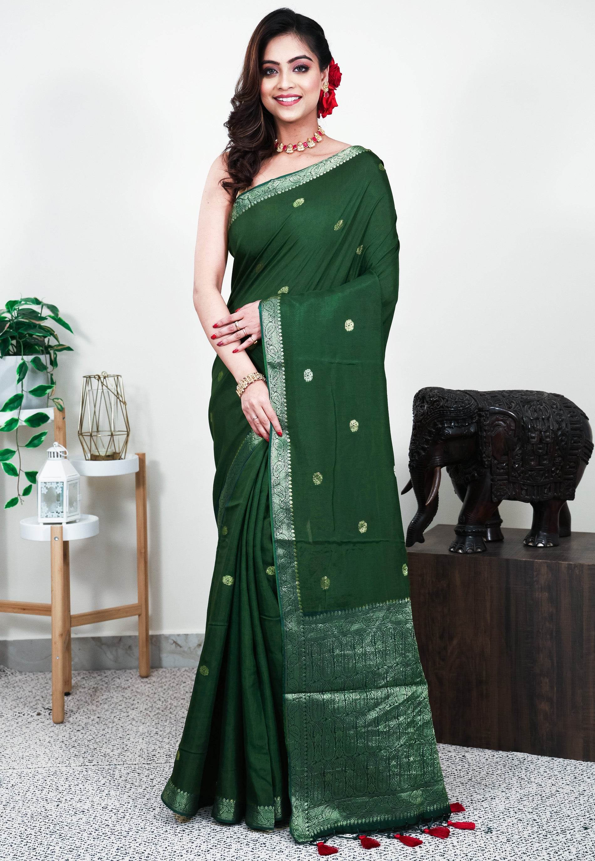 Bottle Green Mashru Silk Saree with Blouse Piece - Adi Akshoy & Co.