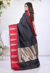 Black Pure Katan Silk Saree with Blouse Piece - Adi Akshoy & Co.