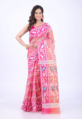 Pink Dhakai Jamdani Cotton Saree without Blouse Piece - Adi Akshoy & Co.