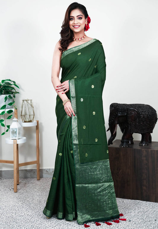 Bottle Green Mashru Silk Saree with Blouse Piece - Adi Akshoy & Co.