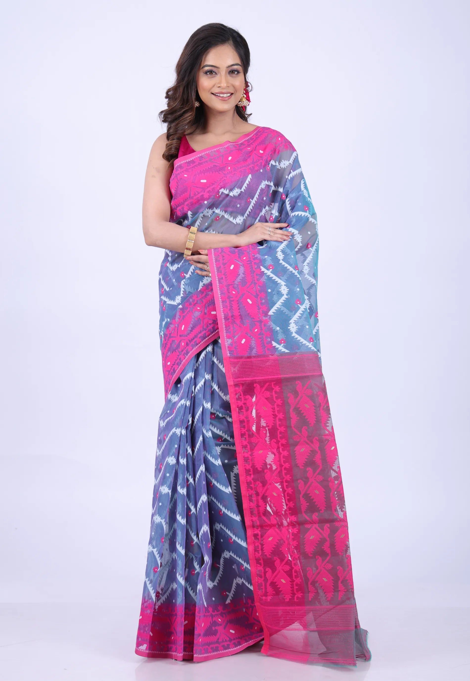 Blue Dhakai Jamdani Cotton Saree without Blouse Piece - Adi Akshoy & Co.