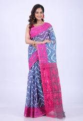 Blue Dhakai Jamdani Cotton Saree without Blouse Piece - Adi Akshoy & Co.