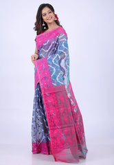 Blue Dhakai Jamdani Cotton Saree without Blouse Piece - Adi Akshoy & Co.