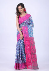 Blue Dhakai Jamdani Cotton Saree without Blouse Piece - Adi Akshoy & Co.