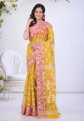 Mustard Yellow Dhakai Jamdani Cotton Saree without Blouse Piece - Adi Akshoy & Co.