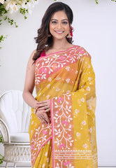 Mustard Yellow Dhakai Jamdani Cotton Saree without Blouse Piece - Adi Akshoy & Co.