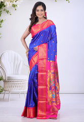 Royal Blue Paithani Silk Saree With Blouse Piece - Adi Akshoy & Co.