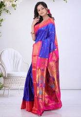 Royal Blue Paithani Silk Saree With Blouse Piece - Adi Akshoy & Co.
