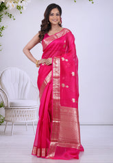 Rani Pink Pure Kora Silk Saree with Blouse Piece - Adi Akshoy & Co.