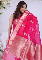 Rani Pink Pure Kora Silk Saree with Blouse Piece - Adi Akshoy & Co.
